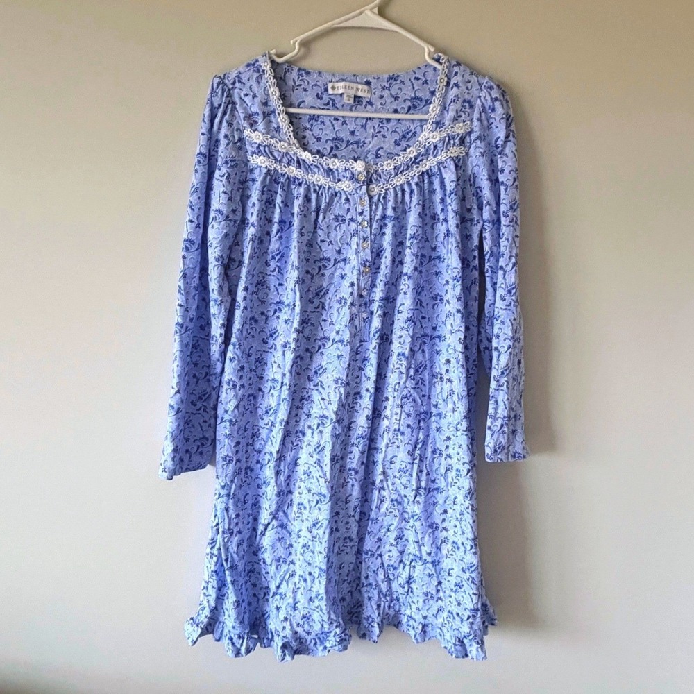 Eileen West Blue Cotton‎ Floral Paisley Lace Long Sleeve Traditional Nightgown S